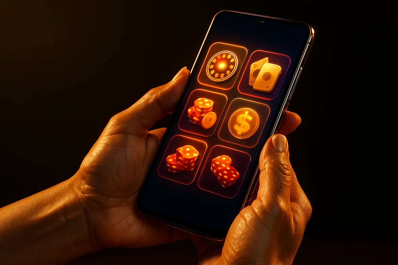 Mature Filipino woman holding Android phone showing glowing casino-style app interface