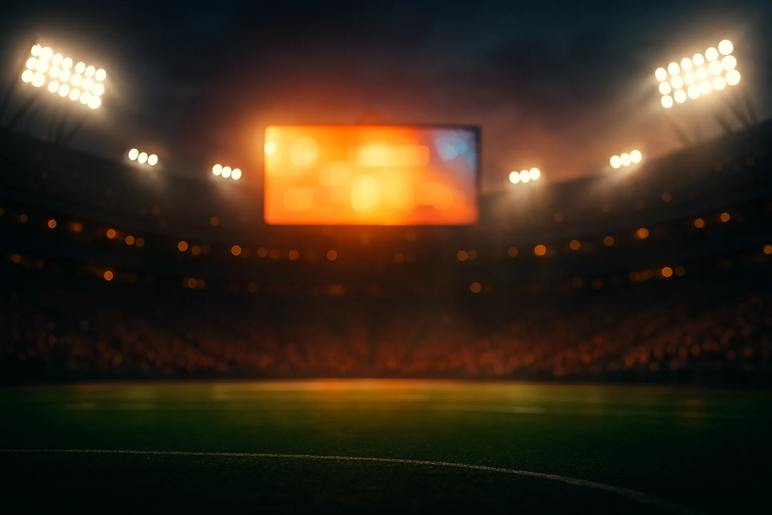 Ultra-realistic basketball stadium at dusk with blazing floodlights and glowing screen