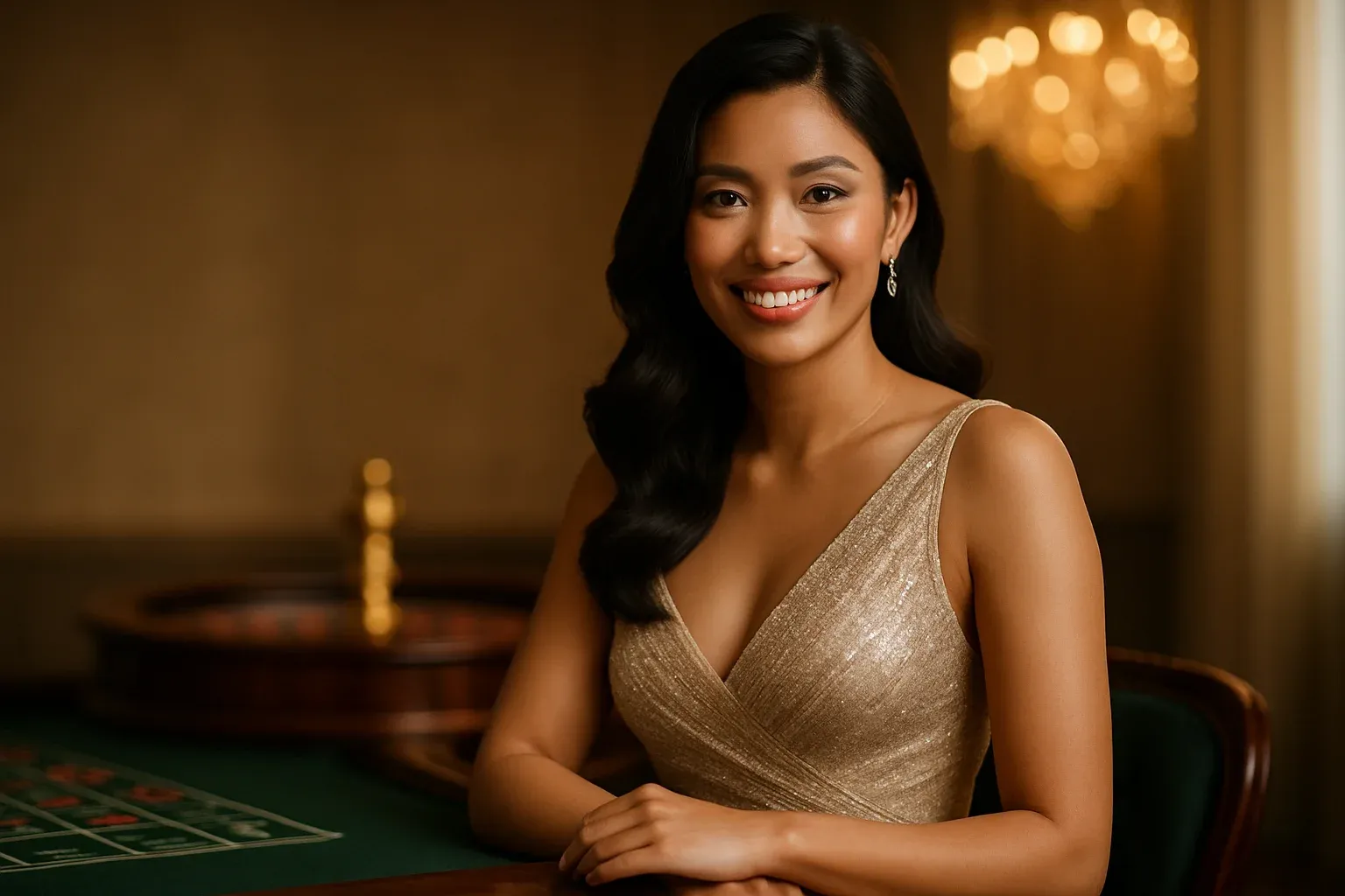 Glamorous Filipino woman smiling at premium casino table with roulette bokeh