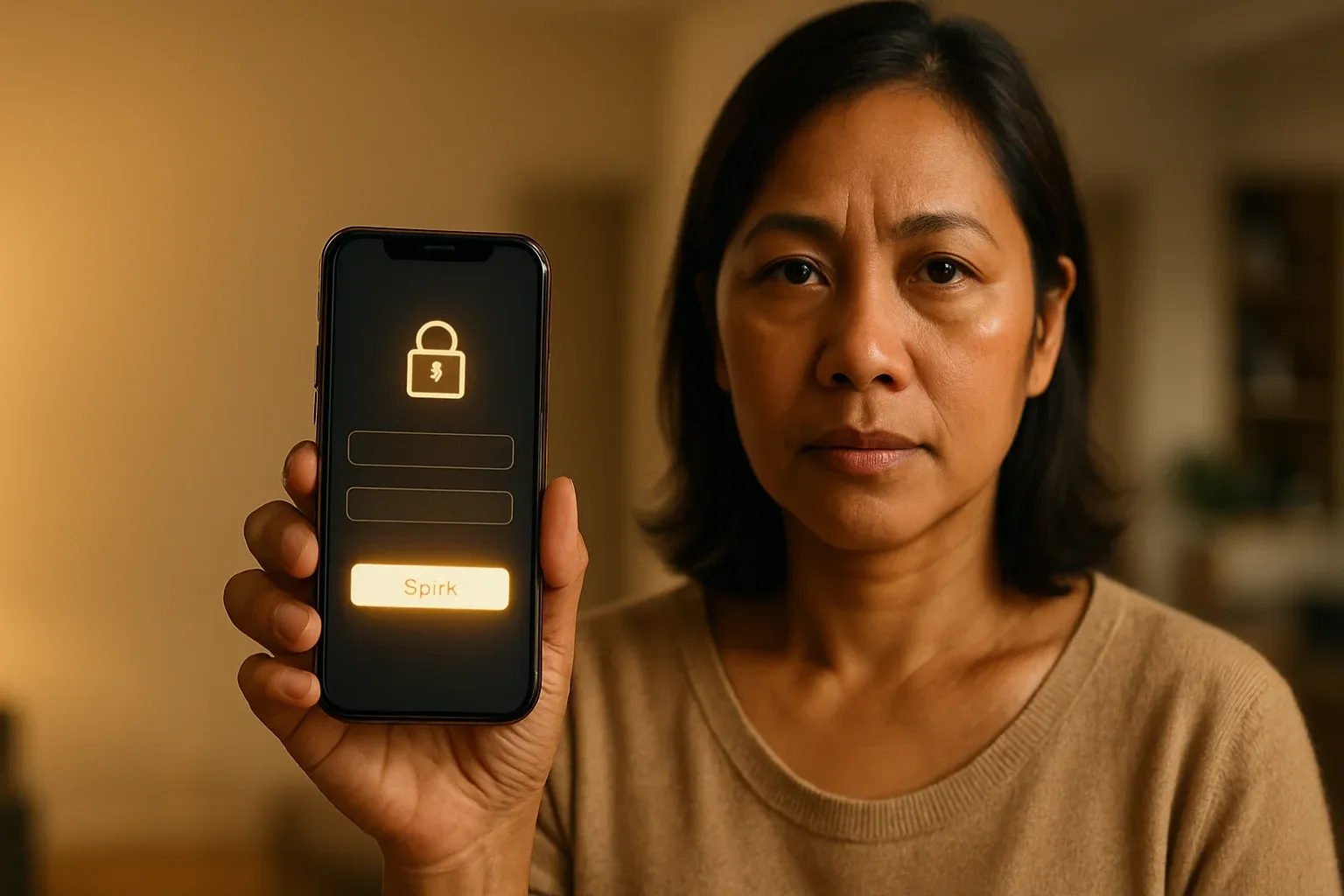 Filipino woman holding smartphone showing stylized login screen in apartment