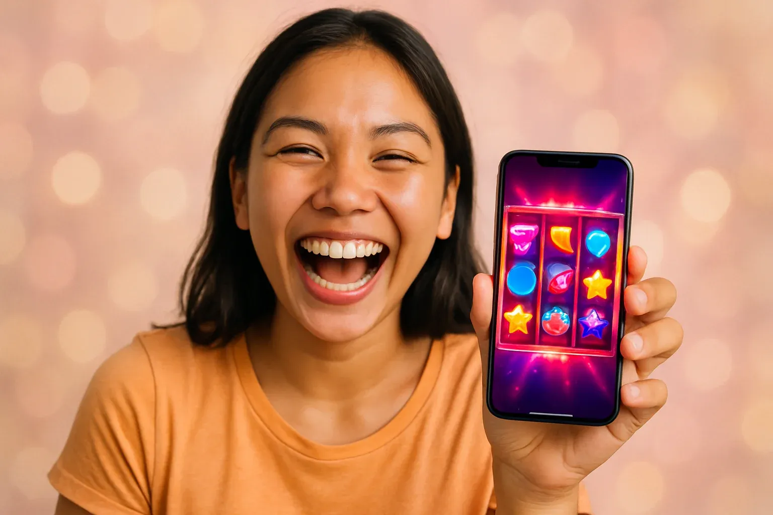 Young Filipino woman laughing, holding smartphone showing colorful mobile slot reels